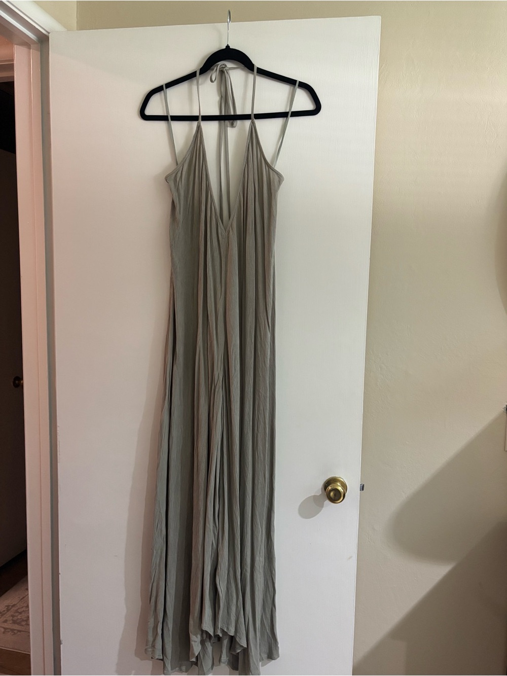 Women’s Halter Deep Plunge Maxi Jumpsuit in Sage Green